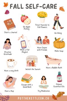 fall self care ideas illustration Self Care Days Ideas, Self Care Autumn, Autumn Workout Aesthetic, Autumn Self Care Aesthetic, Fall Self Care Ideas, Fall Self Care Aesthetic, Fall This Or That, Fall Glow Up, Fall Routine Ideas