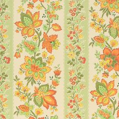 an orange and green floral pattern on a white background with vertical stripes in the center