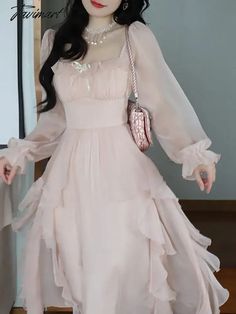 TAVIMART - Summer Pink Chiffon Vintage Fairy Dress Women Korean Style Elegant Party Midi Dress Female Court Retro Flare Sleeve Dresses Note: The size of the product is measured by hand, and the presence of an error of 1-3cm belongs to the normal range and is not used as a standard for return S Bust 82cm Shoulder 32cm Length 115cm Waist 70cm Sleeve 60cm M Bust 86cm Shoulder 33cm Length 116cm Waist 74cm Sleeve 61cm L Bust 90cm Shoulder 34cm Length 117cm Waist 78cm Sleeve 62cm XL Bust 94cm Shoulder Pink Dress Aesthetic Casual, Korean Dress Elegant Short, Pink Dress Elegant, Korean Dress Elegant, Cute Korean Dresses, Vintage Fairy Dress, Elegant Pink Dress, Fairy Dress Women, Pink Flowy Dress