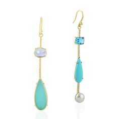 Modern style Gemstone Jewelry. These Earrings are made of gold and diamond gemstone material and are capable of reflecting some light to produce a natural glow. A unique feature found only in premium Jewelry. Info-These Earrings are handmade in 18k Yellow Gold : 5. 623 grams , and Diamond : 0. 28 cts , Turquoise  : 6. 83 cts , Tanzanite : 3. 07 cts , Pearl : 1. 75 cts , Blue Topaz : 1. 75 cts (OPS-19135)  This jewelry is made by hand featuring detailed workmanship. Be careful to avoid dropping o Luxury Long Drop Gemstone Earrings, Luxury Turquoise Dangle Earrings, Fusion Yellow Gold Earrings With Gemstone Accents, Fusion Style Yellow Gold Earrings With Gemstone Accents, Yellow Gold Fusion Earrings With Gemstone Accents, Elegant Turquoise Long Drop Jewelry, Elegant Multi-stone Long Drop Jewelry, Elegant Long Drop Multi-stone Jewelry, Elegant Linear Drop Earrings With Natural Stones