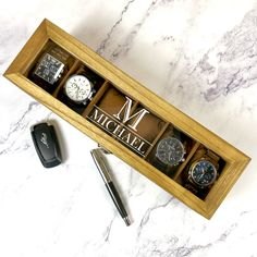 Introducing our exquisite Personalized Wooden Watch Storage Case for Men, Husband or Boyfriend  - the perfect gift for your loved one. Whether it's a special occasion like an anniversary, birthday, your wedding day, or simply to show your appreciation, this watch box is the ideal way to celebrate the man in your life. When it comes to finding the best man gift, groom gift, or dad gifts, our watch organizer stands out as an exceptional choice. As the holiday season approaches, why not surprise yo Elegant Brown Watch For Gift, Classic Formal Watch Accessories With Gift Box, Gold Watch Accessories With Date Display For Gift, Timeless Watch Accessories With Date Display As Gift, Timeless Watch Accessories For Gift, Rectangular Gold Watch Accessories For Gift, Timeless Brown Watch Accessories For Gift, Personalized Formal Watches For Father's Day, Timeless Gift Watches With Date Display