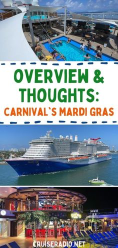 cruise ship and pool with text overlay reading overview & thoughts carnival's mardi gras