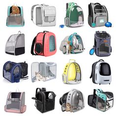 many different types of backpacks with cats and dogs inside them, all in various colors