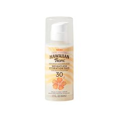 Made for your face, Hawaiian Tropic Weightless Hydration Face Sunscreen Lotion SPF 30 is perfect for any sunshine-filled moment. This lightweight, breathable lotion feels as if it's barely on with an ultra-light texture that's smooth on skin and a weightless matte finish. Our travel size sunscreen has a unique dual-ribbon moisturizing SPF that offers 12-hour skin hydration. This travel size face sunscreen is hypoallergenic and won't clog pores. The compact, portable bottle comes with an easy-to- Hawaiian Tropic Products, Hawaiian Tropic After Sun, Hawaiian Tropic Sunscreen, Sunscreen Travel Size, Travel Size Sunscreen, Airless Pump, Tanning Sunscreen, Hawaiian Tropic, Skin Hydration