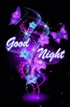 the words good night with butterflies and stars in purple on a black background for a greeting card