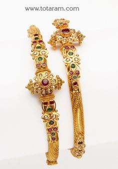 22 Karat Fine Gold Uncut Diamond Kada with Rubies & Emeralds - Set of 2 (1 Pair)
       Note: This item comes with a Screw and hinge so that you can open it up for easy wearing.       - 235-GK284 - in 46.500 Grams for USD $3947.79. 
Made in India by Totaram Jewelers Online this product is in Gold - 22 Karat BIS Hallmark 916 KDM Gold  & is an excellent gift for Adult - Women. Ships fully insured with secured guaranteed delivery for free with your order over $250 from New Jersey USA & Diamond Kada, 22k Gold Bangles, Indian Gold Jewelry, Indian Bangles, Gold Bangles For Women, 22k Gold Jewelry, Jewelry Designing, Gold Jewelry Stores, Wedding Jewellery Collection