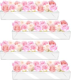 three white boxes filled with pink roses on top of each other in front of a white background