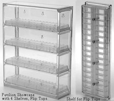 two clear shelves with 4 shelving tops and one shelf for flip top boxes, each containing trays of different sizes