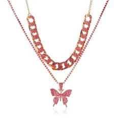 Big Butterfly Exaggerated Full Diamond Thick Chain Double Layer Necklace Color: Gold & Pink Style: Tennis Chain Big Butterfly, Thick Chain Necklace, Double Layer Necklace, Gold Powder, Eyelash Packaging, Party Necklace, Butterfly Pendant Necklace, Gold Necklace Layered, Butterfly Shape