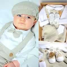 a collage of photos with a baby in a suit and shoes