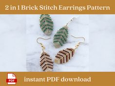 two in 1 brick stitch earrings pattern with text overlay that reads, 2 in 1 brick stitch earrings pattern