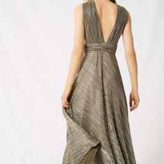 Nwt Maje Royal Pleated Maxi Dress In Khaki With Metallic Threads Lined Bodice Side Zipper Front Hook Closures Size 40 = Xs/4 Measurements: Shoulder Drop: 14" Waist; 15" Waist To Side Hem: 35" Chic Pleated V-neck Evening Dress, Spring V-neck Pleated Evening Dress, Chic V-neck Evening Dress With Pleated Back, Maje Dress, Pleated Maxi Dress, Pleated Maxi, Metallic Dress, Dress Cover, Plunging Neckline