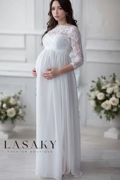 Lasaky - Sophisticated Chiffon Maternity Maxi Dress with Exquisite Lace Stitching Flowy White Dress With Lace Bodice, Elegant Maternity Flowy Gown, Elegant Flowy Maternity Gown, Fitted Chiffon Maxi Dress With Lace Trim, Elegant Non-stretch Dresses With Lace Patchwork, Elegant Lace Patchwork Dress, Elegant Flowy Dresses With Lace Patchwork, Chiffon Maternity Dress For Wedding, Fitted Chiffon Maternity Dress For Wedding