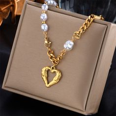 Pieces inspired by fashion that will make you look incredible, shine and let Leri'a Fine Jewelry do the magic Thick Chain Necklace, Hollow Heart, Pearl Jewelry Necklace, Jewelry Tags, Gold Pearl Necklace, Pearl Charms, Scarf Jewelry, Stone Heart, Stainless Steel Necklace