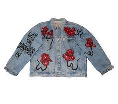 Vintage denim jacket is hand painted in acrylics One of a kind item Size men's L/ women's XL / Fits S/M/L Recommended hand wash Spring Casual Denim Jacket With Custom Artwork, Casual Spring Denim Jacket With Custom Artwork, Spring Denim Jacket With Custom Artwork For Streetwear, Spring Denim Jacket With Custom Artwork, Blue Hand Painted Denim Jacket, Hand Painted Denim Jacket For Winter Streetwear, Spring Hand Painted Denim Outerwear, Artistic Hand Painted Blue Denim Jacket, Hand Painted Long Sleeve Denim Outerwear