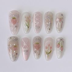 Greetings and welcome to my store. Hope you find a style you like. I only work with high-quality materials to create sturdy & long-lasting luxury press on nails that you can trust on. My nails will last for: 1- 2 days using adhesive tab (provided with the nail set) 2- 3 weeks using nail glue. You can reuse all of the nails multiple times if you take  💮 𝐒𝐢𝐳𝐞: Please follow the instruction size measurement. You can customize all the size you want ,please send your size or style all you want , Y2k Strawberry, Acrylic Nails 3d, Painted Acrylic Nails, Nails Short Almond, Strawberry Nails, Nail Pink, Almond Nails French, Lace Coquette, Short Almond Nails