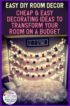 a bedroom decorated with lights and pictures on the wall above it is an easy diy room decor idea