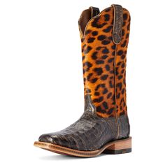 Leopard-print calf hair meets luxurious caiman belly in this total showstopper. Our most advanced technologies give this boot a competitive edge, providing comfort and stability in and out of the arena. Donatella Western Boot | Product Features : 0 : ATS® technology provides ergonomic support on uneven terrain, 1 : TekStep provides toe-to-heel cushion for comfort, 2 : Removable Pro Performance insole for cushioning and shock absorption, 3 : Cushioning midsole for shock absorption, 4 : DualPro® updates the classic leather sole with rubber zones for superior wear resistance, 5 : Resoleable Goodyear leather welt construction, 6 : Popular wide square toe profile | Women's Donatella Western Boots in Brushed Chocolate Caiman Belly Exotic crocodile leather foot. Leather lining, Size: 11 B / Mediu Boot Brush, Leopard Hair, Leopard Boots, Rockabilly Outfits, Female Profile, Leather Cowboy Boots, The Arena, Western Boot, Crocodile Leather