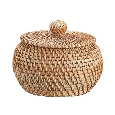 a woven basket with lid on white background