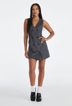 ShoeDazzle Dark Grey Pinstripe female Fashion >> Clothing >> Dresses >> Fit + Flare Cotton/Polyester/Rayon Stripes regular Suiting Vest Mini Dress Suit Vest With Skirt, Pinstripe Dress Outfit, Vest With Skirt, Vest Dress Outfit, Pinstripe Dress, Graduation Outfit, Suit Vest, Female Fashion, Shoe Dazzle