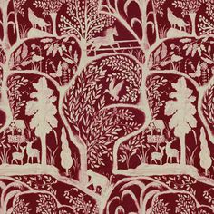 an intricately designed wallpaper with trees and animals in the forest, on red background