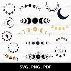 the phases of the moon in black and gold on a white background with text that reads sv