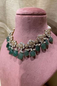 18kt gold plated floral necklace embellished with polki stones and carved green bead drops. - Aza Fashions Choker Jewellery, Necklaces Choker, Jewellery Necklaces, Floral Necklace, Jewelry Choker, Necklace Online, Green Necklace, Green Bead, Aza Fashion