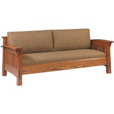 a wooden couch with brown fabric on it's back and armrests, in front of a white background