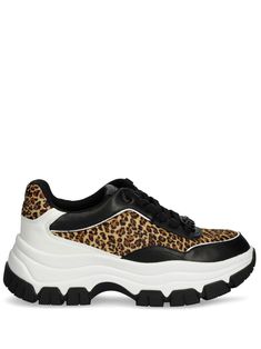 brown/black/white panelled design leopard print front lace-up fastening logo patch at the tongue logo plaque round toe branded insole platform sole chunky rubber sole Chanel 2, Print Sneakers, Iconic Bags, Loafer Mules, Boots Fall, Flat Boots, Exclusive Fashion, Ballet Flat Shoes, Pump Sandals