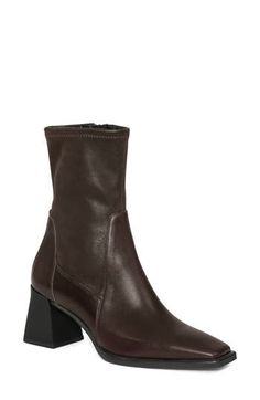 A square toe and flared block heel highlight the modern silhouette of this sophisticated leather boot with a stretchy feel. 2 3/4" heel 8 3/4" shaft Leather upper and lining/synthetic sole Imported Vagabond Shoes, Jeffrey Campbell Boots, Leather Boot, Dream Shoes, Short Boots, Jeffrey Campbell, Shoe Game, Brown Boots, Business Fashion