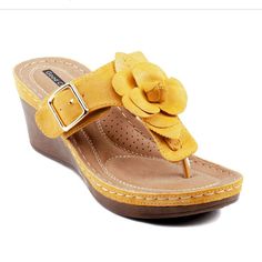 New Good Choice Flora Yellow Flower Thong Slides Size 9.5. Synthetic Upper Adjustable Buckle Strap Closure Round Open Toe Synthetic Lining Cushioned Footbed 1" Platform, 2.5" Wedge Heel Synthetic Sole Imported Trending Handbags, Floral Wedges, Floral Sandals, Sandal Online, Womens Sandals Wedges, Floral Shoes, Shoe Carnival, Wedge Sandal, Sneaker Shopping