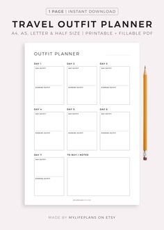 the travel outfit planner is shown with a pencil next to it and an image of