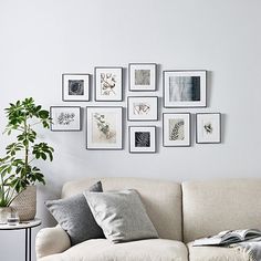 a living room filled with furniture and framed pictures on the wall above it's couch