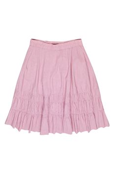 Wake up and smell the roses -- this Theory midi skirt is garden ready. From her dusty rose color to the perfect tiered ruffles to the stretchy linen fabric, this skirt is ready for your next garden adventure. Enjoy your day out at Bartholdi Park to fulfill your floral dream or just down the street to the street vender for a bunch of your favorite local fresh flowers. Pair with a go-to white T-shirt or tank and add a jean jacket and your market tote! Size PS 62% Linen, 36% Viscose, 2% Spandex Pul Tiered Ruffle Skirt For Garden Party, Feminine Ruffle Hem Skirt For Garden Party, Ruffled Flared Skirt For Garden Party, Flared Ruffled Skirt For Garden Party, Feminine Tiered Skirt Bottoms For Garden Party, Ruffled Skirted Bottoms For Garden Party, Ruffled Tiered Skirt For Garden Party, Flared Ruffle Skirt For Garden Party, Tiered Ruffled Skirt For Garden Party