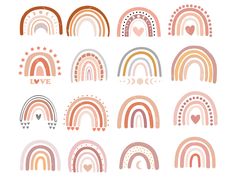 a collection of rainbows with hearts and stars in the middle, on white background