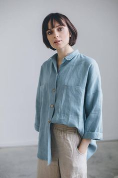 Linen shirt/ Drop shoulder shirt/ Oversized linen shirt/ Linen Shirt Outfit, Blue Linen Shirt, Oversized Linen Shirt, Drop Shoulder Shirt, Linen Shirts Women, Shirt Linen, Monochrome Fashion, Travel Dress, Linen Blouse