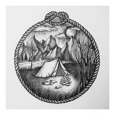 a black and white drawing of a tent in the woods with rope around it's neck