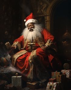 a painting of santa claus sitting in a chair surrounded by presents