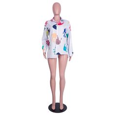 Summer Street Style Women Casual Palm Print Loose Midi Long Sleeve Turn Down Collar Button Shirt Multicolor Long Sleeve Shirt With Button Closure, Multicolor Long Sleeve Tops With Button Closure, Multicolor Long Sleeve Shirt With Buttons, Multicolor Collared Shirt For Work, Multicolor Collared Top With Buttons, Multicolor Collar Top With Buttons, White Collared Blouse For The Beach, White Collared Blouse For Beach, Multicolor Printed Blouse With Collar