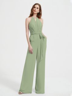 Sage Green Bridesmaid Jumpsuit, Elegant Pleated Jumpsuits And Rompers For Summer, Elegant Sleeveless Pleated Jumpsuit And Romper, Elegant Sleeveless Pleated Jumpsuits And Rompers, Elegant Belted Solid Jumpsuits And Rompers, Formal Halter Neck Jumpsuit For Summer, Formal Halter Neck Jumpsuits And Rompers For Summer, Chic Sleeveless Pleated Jumpsuits And Rompers, Elegant Formal Halter Neck Jumpsuits