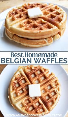 two plates with waffles on them and the words best homemade belgium waffles