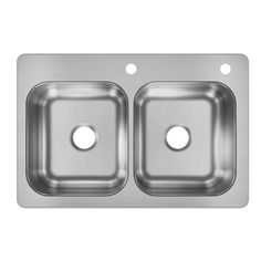 stainless steel double bowl kitchen sink with two holes on the front and side, shown from above