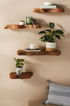 three wooden shelves with plants and books on them in a living room wall display area