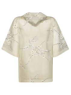 51% Silver, 25% Cotton, 24% Polyester Cream Tops For Spring Evening, Cream Evening Tops For Spring, Cream Evening Top For Spring, Elegant Spring Tops With Kimono Sleeves, Elegant Blouse With Kimono Sleeves For Spring, Spring Silk Blouse With Kimono Sleeves, Oversized Blouse, Prada Designer, Saint Laurent Shoes