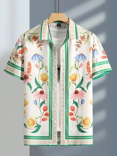 Men Floral Print Loose Shirt Without Tee, Short Sleeve Button Up Collar Graphic Colorful Shirt Apricot Boho  Short Sleeve Fabric Floral Shirt Non-Stretch  Men Clothing, size features are:Bust: ,Length: ,Sleeve Length: Floral Shirt For Men, Soft Utility, Wedding Kurta, Shirt Painting, Coastal Fashion, Mens Printed Shirts, Summer 2025, Men Shirts, Floral Print Shirt