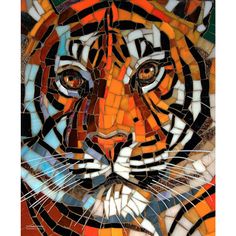 a close up of a tiger face made out of different colored glass mosaics on a white background