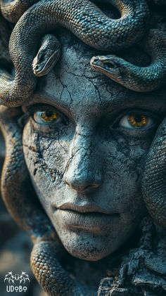 a woman with snakes on her head and yellow eyes is shown in this artistic photo