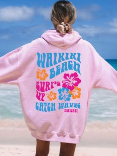 Get ready to hit the beach with this cute Coconut Girl Hoodie featuring Waikiki Beach Hawaii! This unique Hibiscus Flower Surf Hoodie is super comfy! Size up for a Trendy Oversized Look! SHIPS FREE! SIZING TIPS: Size up 2-3 sizes from your "usual size" to get the "Oversized" Look! (2 sizes up is most common, and 3 sizes up is more dramatic) For a "relaxed fit" order your "usual size". When in doubt, lay your favorite fitting Sweatshirt flat and measure armpit to armpit and compare the width agai Pink Cotton Sweatshirt For The Beach, Casual Beach Hoodie Top, Casual Pink Beach Sweatshirt, Oversized Hoodie For Beach Season, Relaxed Fit Hoodie For Vacation In Spring, Relaxed Fit Hoodie For Spring Vacation, Summer Vacation Hoodie With Graphic Print, Pink Summer Vacation Sweatshirt, Summer Beach Hooded Sweatshirt