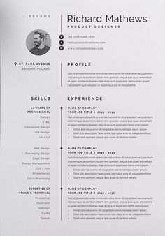 a clean and modern resume is displayed on a piece of white paper with black trim