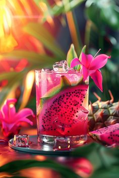 a pink drink sitting on top of a table next to some flowers and pineapples